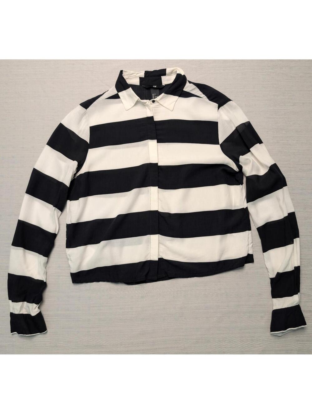 H&M Womens Size 4 Black White Cropped Button Up Blouse Long Sleeve Collared